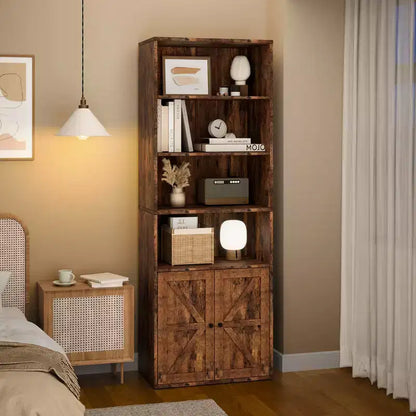 Bibliothèque à 6 niveaux avec porte coulissante style grange, style ferme, 181,4 cm H – Noir / Chêne foncé / Gris / Couleur rétro / Blanc