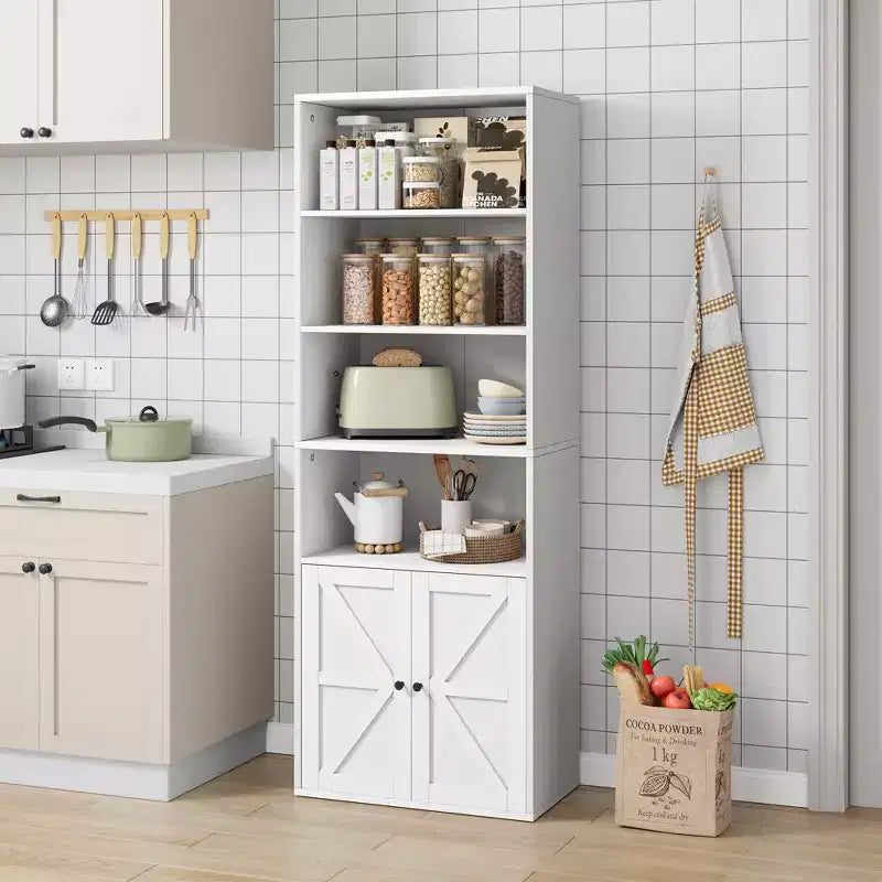 Bibliothèque à 6 niveaux avec porte coulissante style grange, style ferme, 181,4 cm H – Noir / Chêne foncé / Gris / Couleur rétro / Blanc