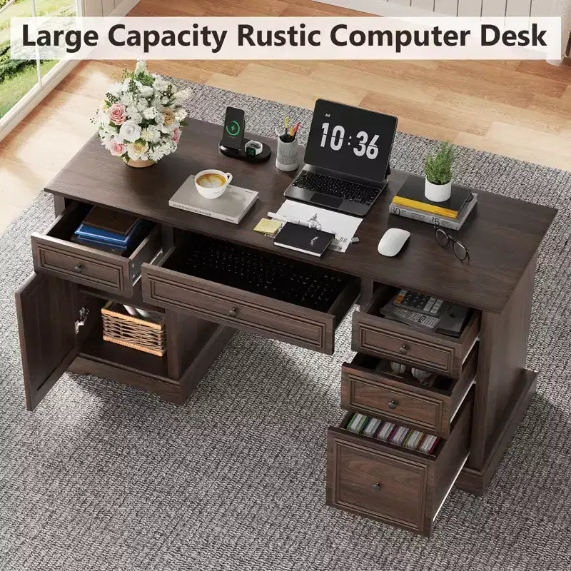 Bureau d'ordinateur de ferme 60 po avec tiroirs et armoire – Noir / Marron / Blanc, un utilisateur