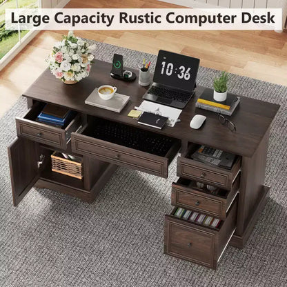 Bureau d'ordinateur de ferme 60 po avec tiroirs et armoire – Noir / Marron / Blanc, un utilisateur