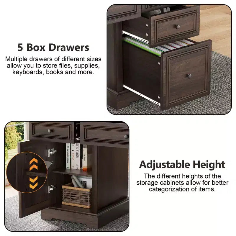 Bureau d'ordinateur de ferme 60 po avec tiroirs et armoire – Noir / Marron / Blanc, un utilisateur
