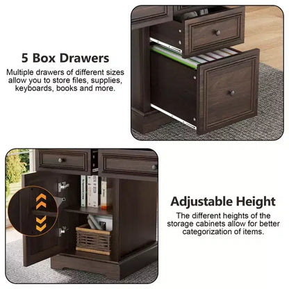 Bureau d'ordinateur de ferme 60 po avec tiroirs et armoire – Noir / Marron / Blanc, un utilisateur