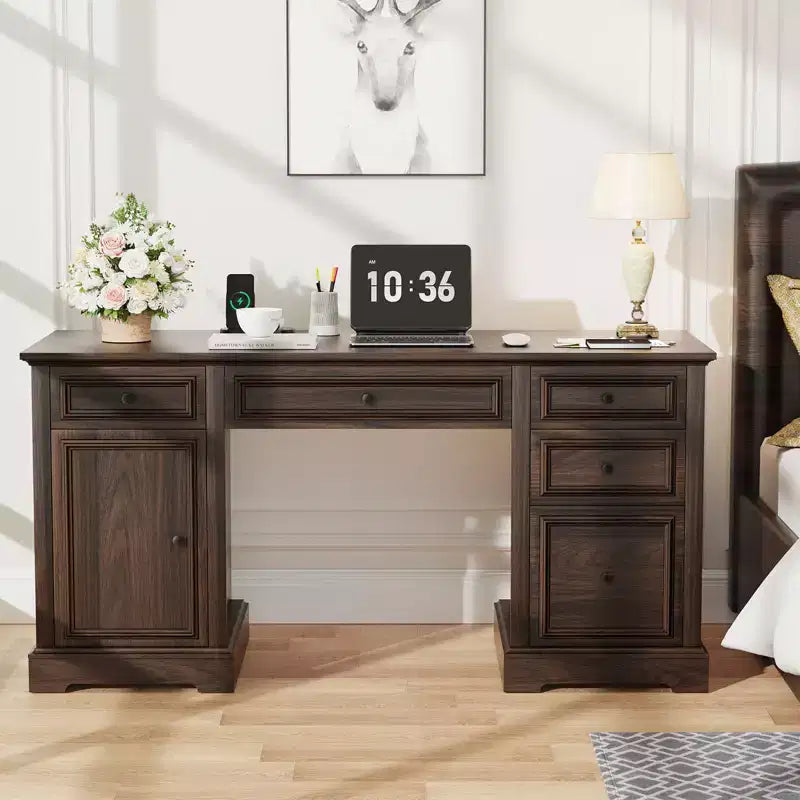 Bureau d'ordinateur de ferme 60 po avec tiroirs et armoire – Noir / Marron / Blanc, un utilisateur