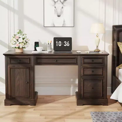 Bureau d'ordinateur de ferme 60 po avec tiroirs et armoire – Noir / Marron / Blanc, un utilisateur