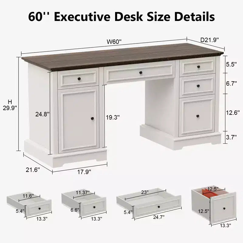 Bureau d'ordinateur de ferme 60 po avec tiroirs et armoire – Noir / Marron / Blanc, un utilisateur
