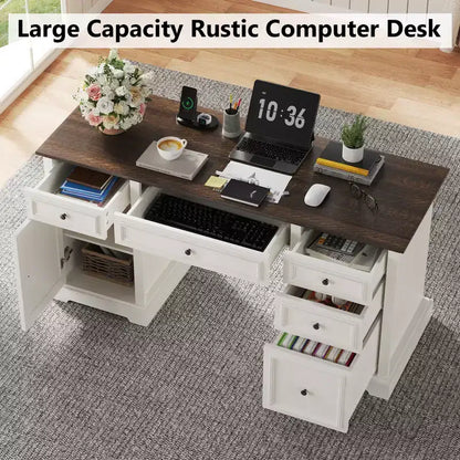 Bureau d'ordinateur de ferme 60 po avec tiroirs et armoire – Noir / Marron / Blanc, un utilisateur