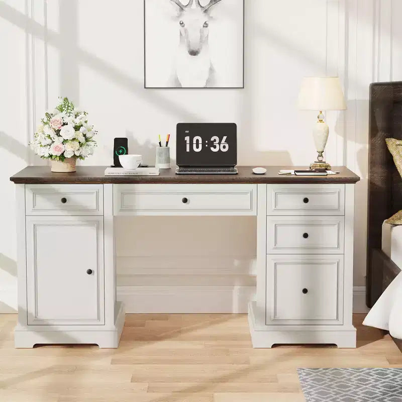 Bureau d'ordinateur de ferme 60 po avec tiroirs et armoire – Noir / Marron / Blanc, un utilisateur