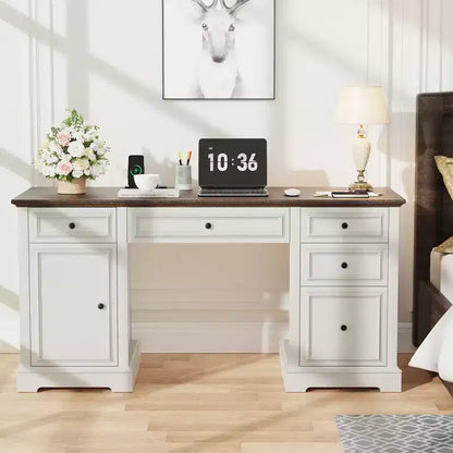 Bureau d'ordinateur de ferme 60 po avec tiroirs et armoire – Noir / Marron / Blanc, un utilisateur