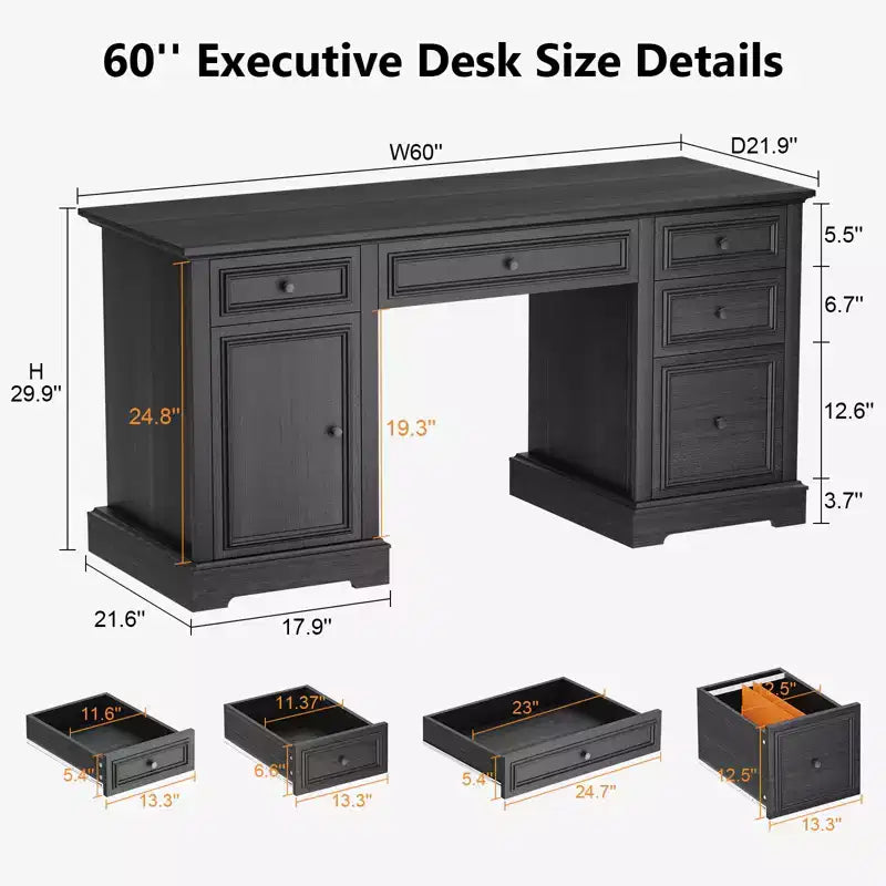 Bureau d'ordinateur de ferme 60 po avec tiroirs et armoire – Noir / Marron / Blanc, un utilisateur