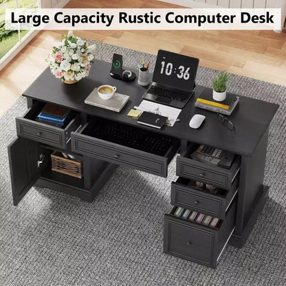 Bureau d'ordinateur de ferme 60 po avec tiroirs et armoire – Noir / Marron / Blanc, un utilisateur
