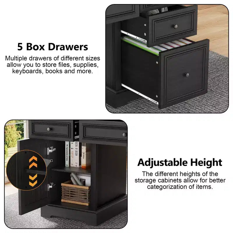Bureau d'ordinateur de ferme 60 po avec tiroirs et armoire – Noir / Marron / Blanc, un utilisateur