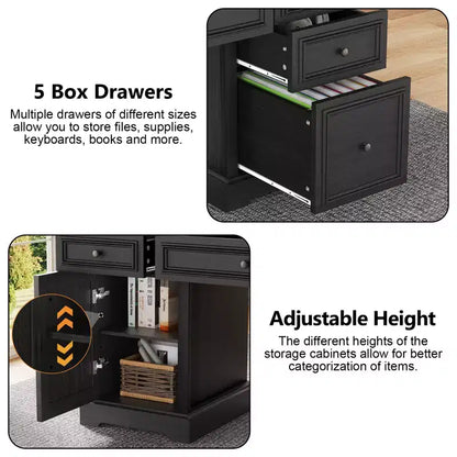 Bureau d'ordinateur de ferme 60 po avec tiroirs et armoire – Noir / Marron / Blanc, un utilisateur