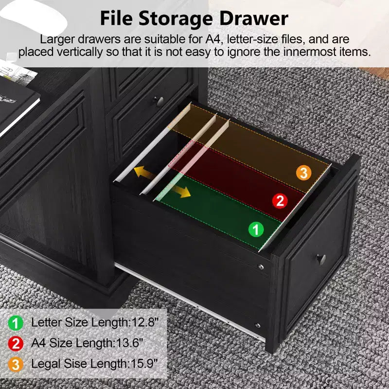 Bureau d'ordinateur de ferme 60 po avec tiroirs et armoire – Noir / Marron / Blanc, un utilisateur
