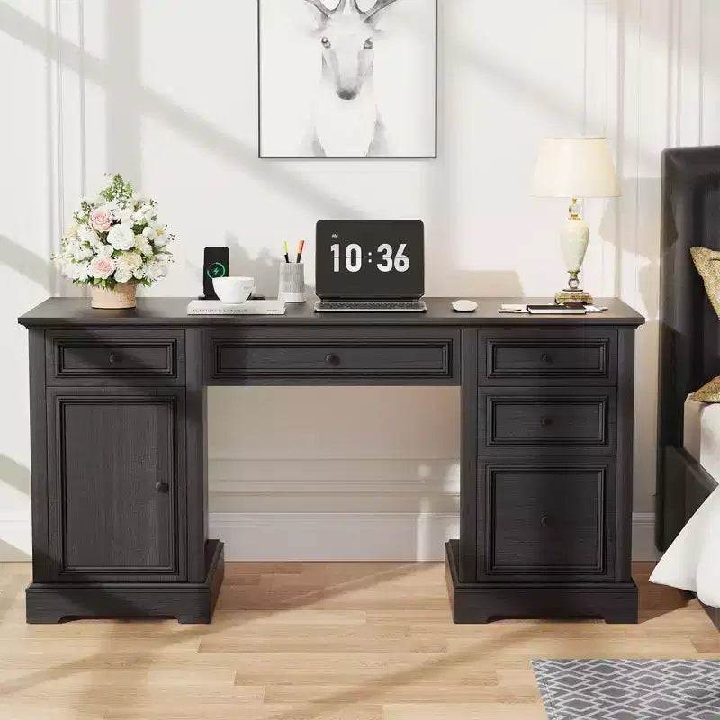 Bureau d'ordinateur de ferme 60 po avec tiroirs et armoire – Noir / Marron / Blanc, un utilisateur