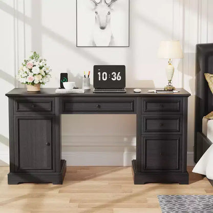 Bureau d'ordinateur de ferme 60 po avec tiroirs et armoire – Noir / Marron / Blanc, un utilisateur