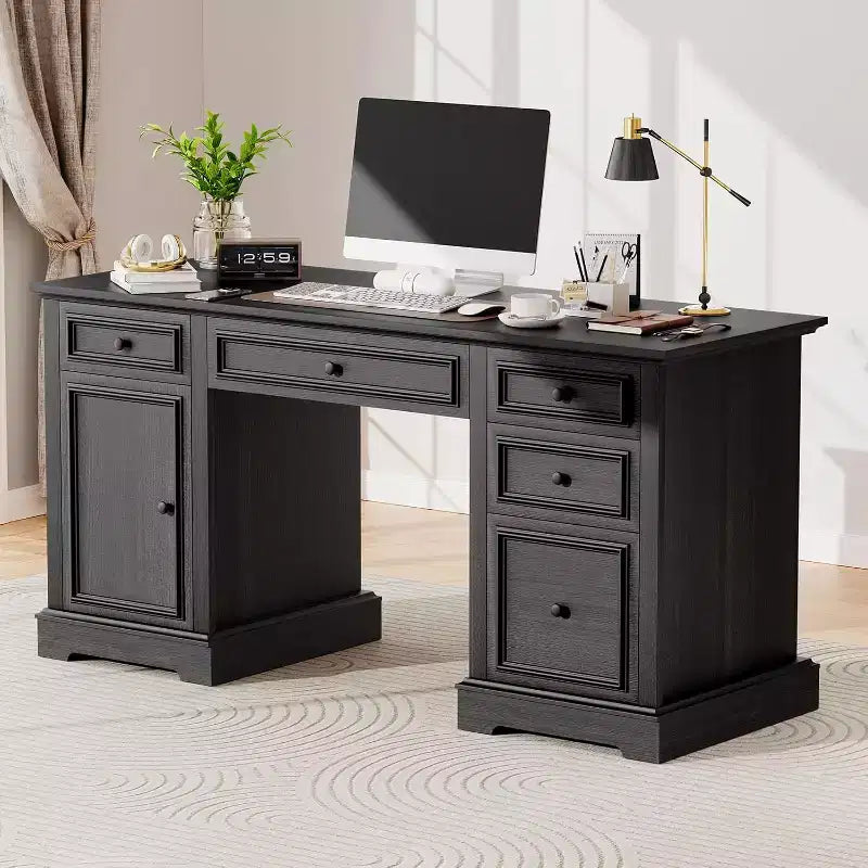 Bureau d'ordinateur de ferme 60 po avec tiroirs et armoire – Noir / Marron / Blanc, un utilisateur