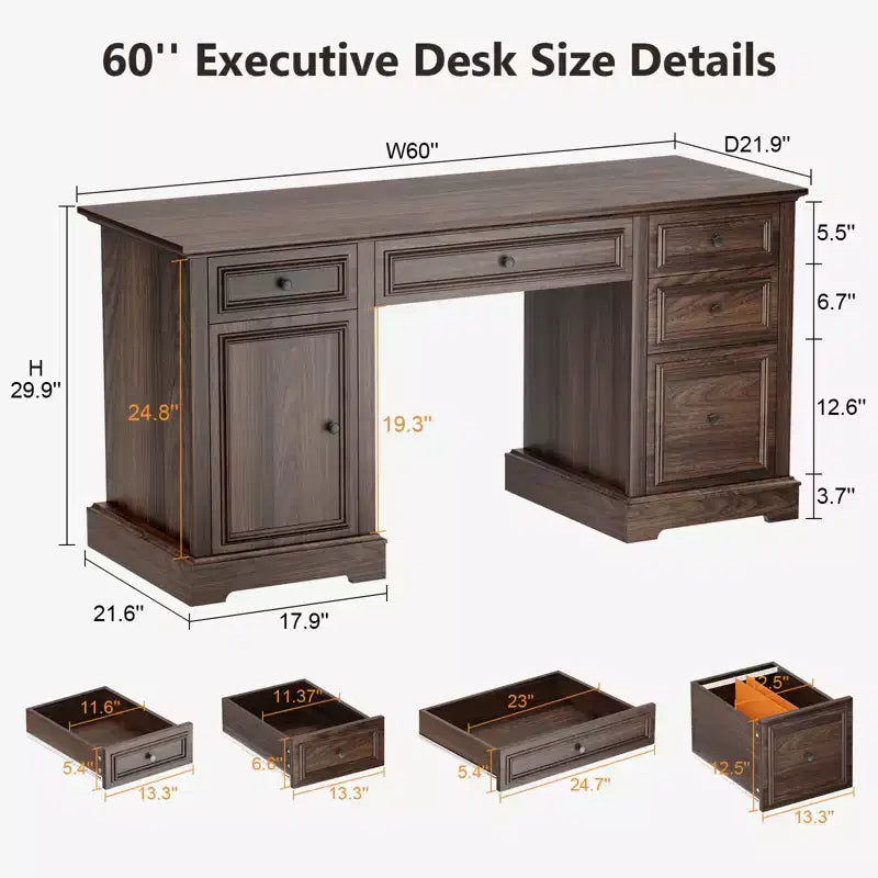 Bureau d'ordinateur de ferme 60 po avec tiroirs et armoire – Noir / Marron / Blanc, un utilisateur