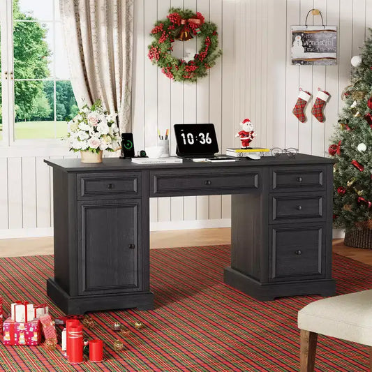 Dyonery 60 Executive Desk,Farmhouse Computer Desk with Drawers and Cabinet,Embossed Texture Home Office Desk,Workspace for Work Study Writing