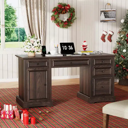 Bureau d'ordinateur de ferme 60 po avec tiroirs et armoire – Noir / Marron / Blanc, un utilisateur