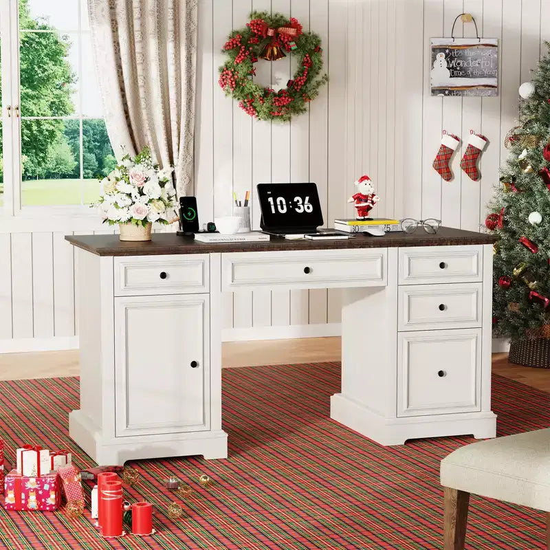 Bureau d'ordinateur de ferme 60 po avec tiroirs et armoire – Noir / Marron / Blanc, un utilisateur