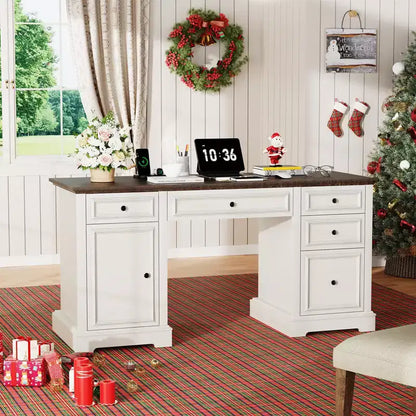 Bureau d'ordinateur de ferme 60 po avec tiroirs et armoire – Noir / Marron / Blanc, un utilisateur