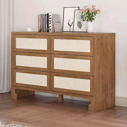 6 Drawer Double Dresser for Bedroom, Wooden Dresser Chest with Burlap Design, Classified Storage Chest of Drawers with Gold Metal Handle
