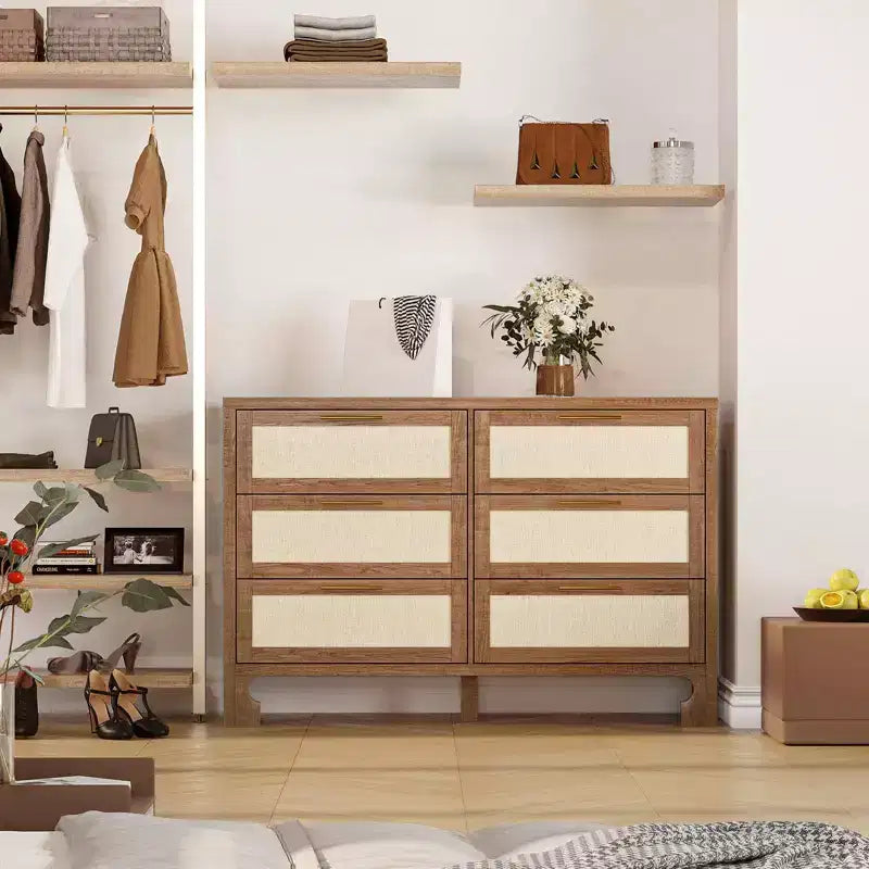 Commode 6 tiroirs brune, style lin de jute, usage individuel