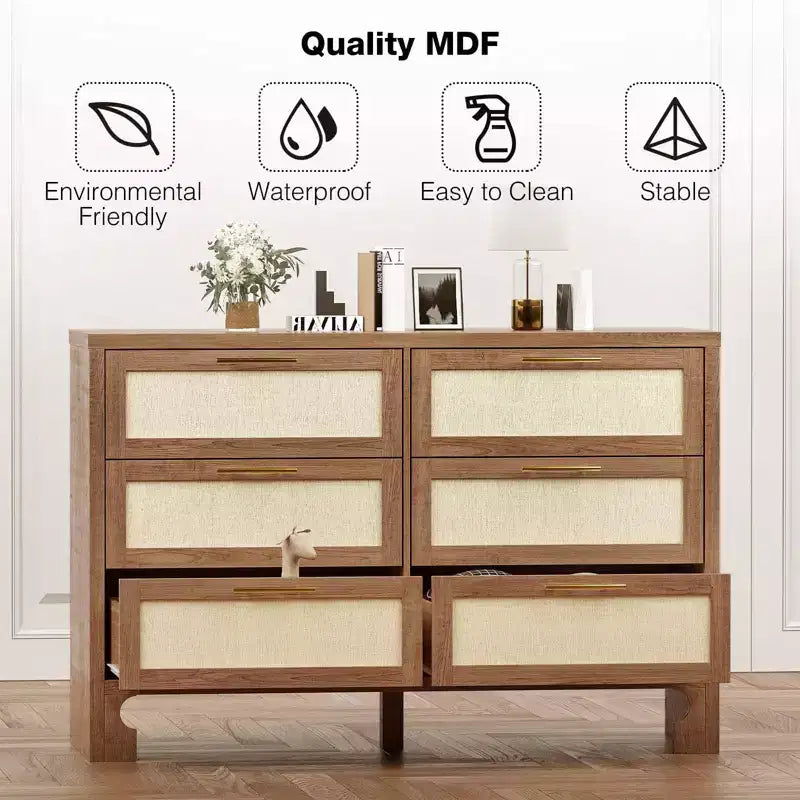 Commode 6 tiroirs brune, style lin de jute, usage individuel