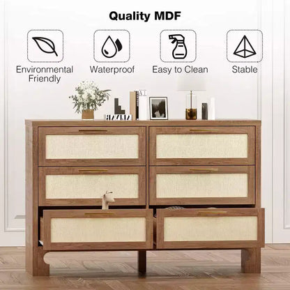 Commode 6 tiroirs brune, style lin de jute, usage individuel