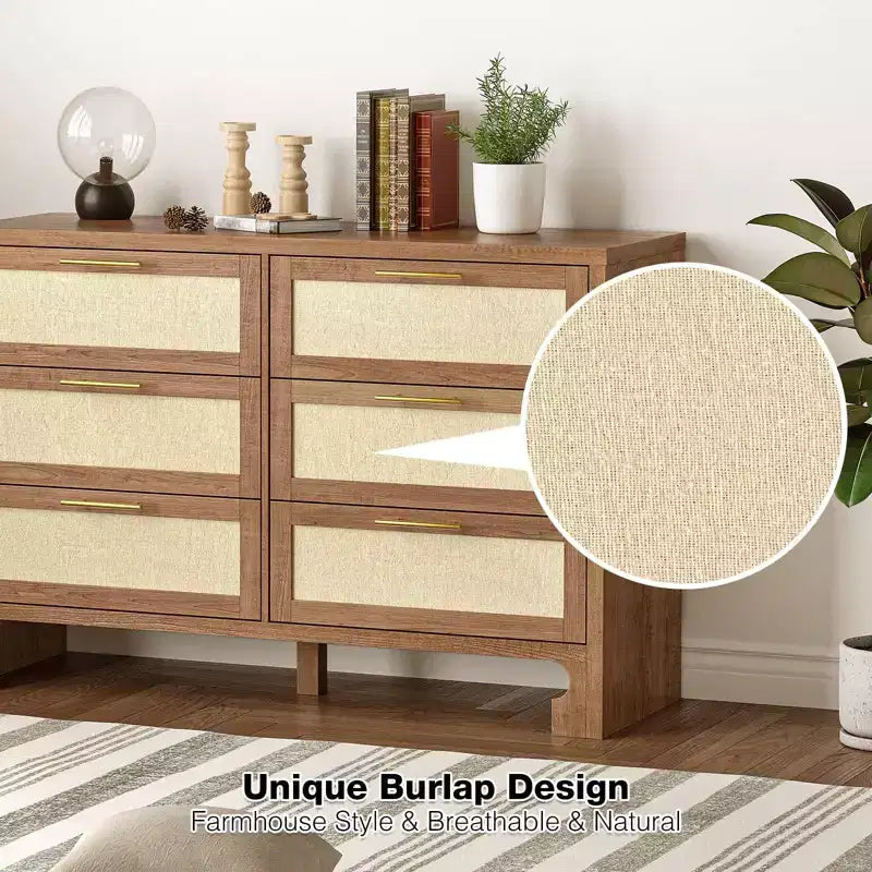 Commode 6 tiroirs brune, style lin de jute, usage individuel