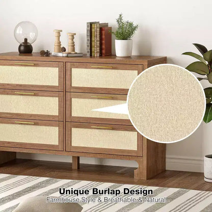 Commode 6 tiroirs brune, style lin de jute, usage individuel