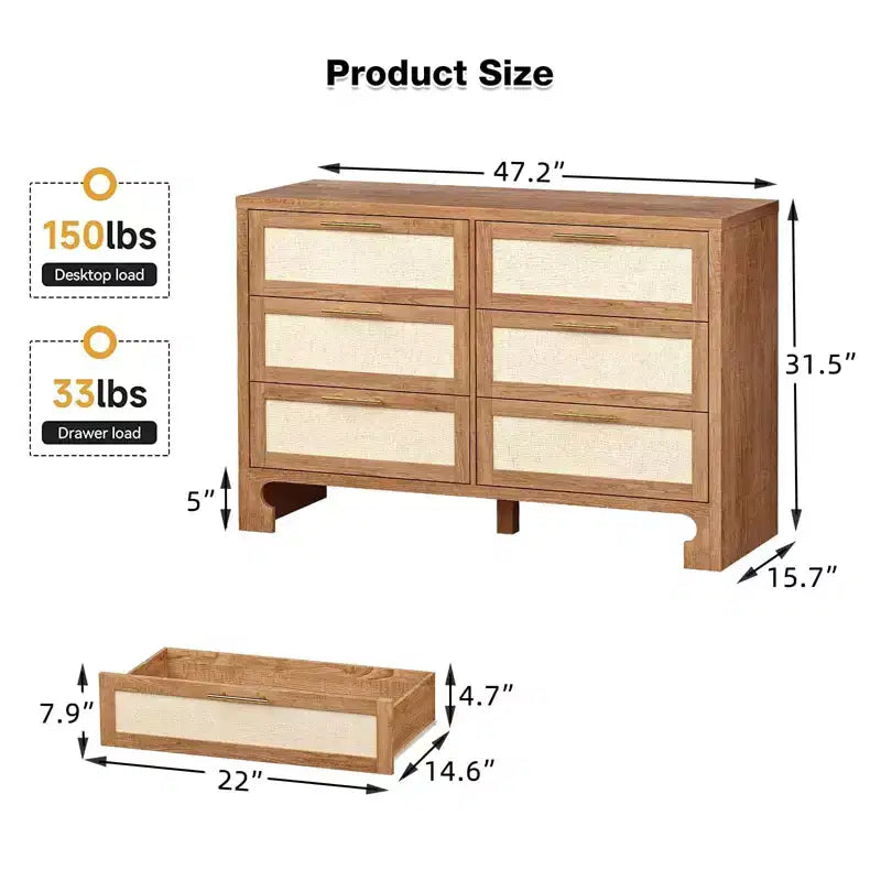 Commode 6 tiroirs brune, style lin de jute, usage individuel