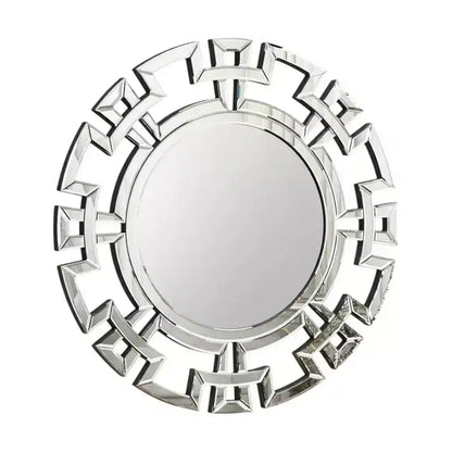 HomeRoots 32 Silver Glass Round Art Deco Geo Framed Accent Mirror