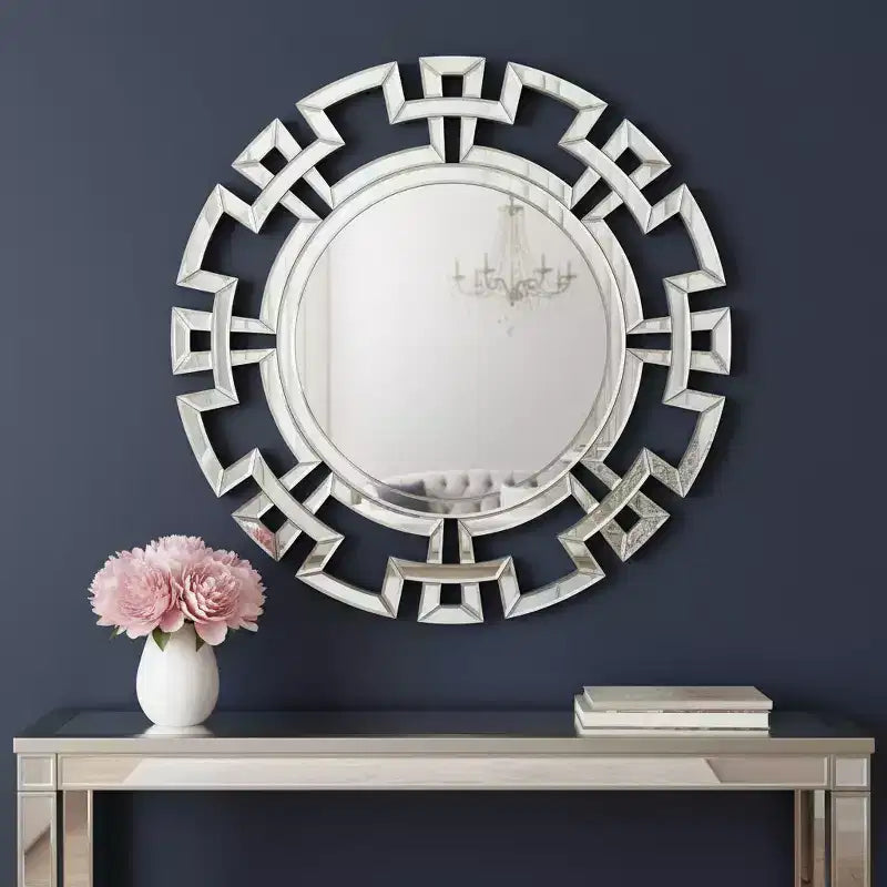 Miroir mural géométrique Art Déco encadré rond argenté