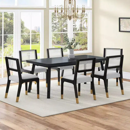 Chaises de salle à manger en lin/PU beige/noir avec dossier en rotin, lot de 2