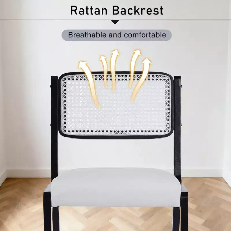 Chaises de salle à manger en lin/PU beige/noir avec dossier en rotin, lot de 2