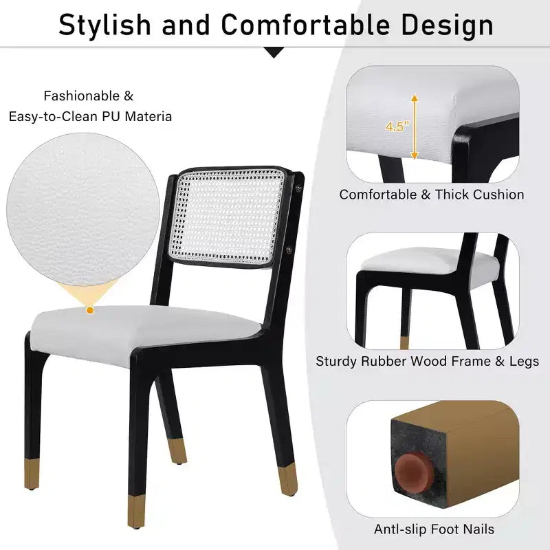 Chaises de salle à manger en lin/PU beige/noir avec dossier en rotin, lot de 2