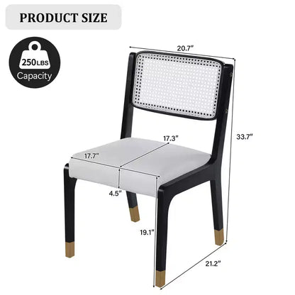 Chaises de salle à manger en lin/PU beige/noir avec dossier en rotin, lot de 2