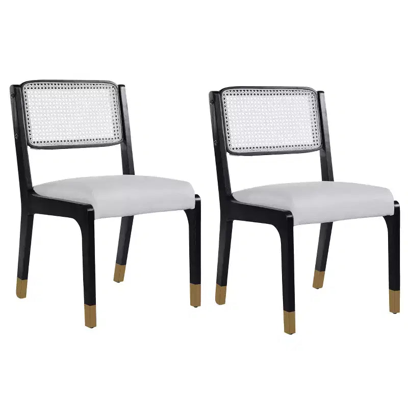Chaises de salle à manger en lin/PU beige/noir avec dossier en rotin, lot de 2