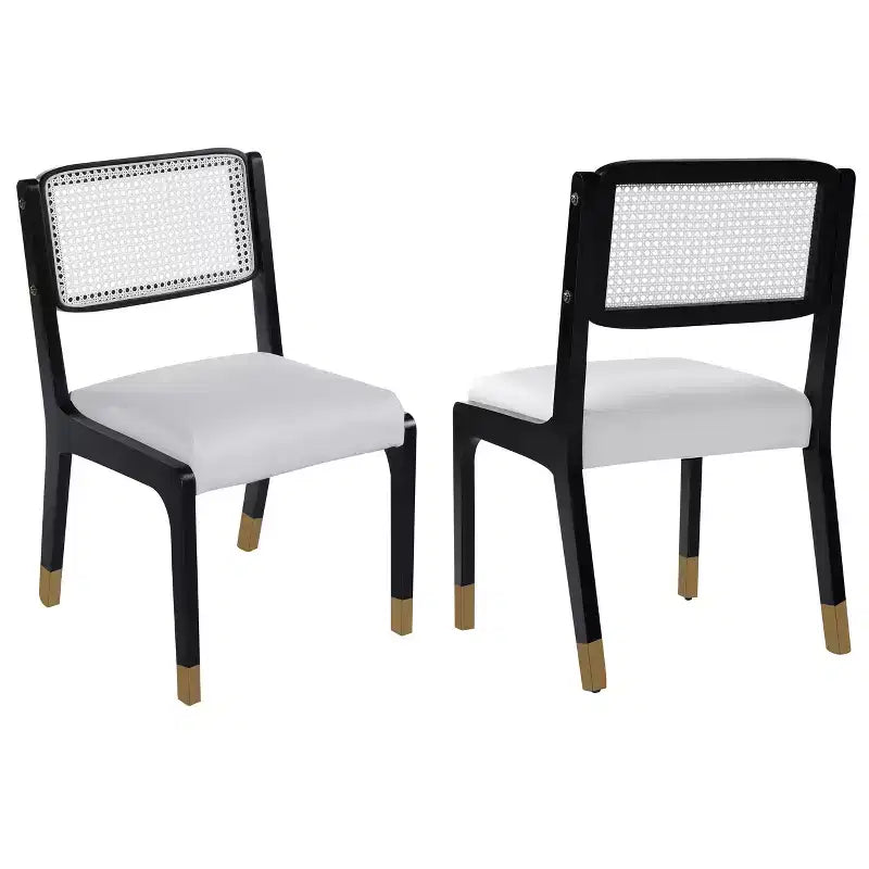 Chaises de salle à manger en lin/PU beige/noir avec dossier en rotin, lot de 2