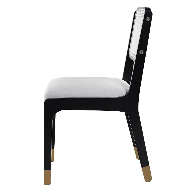Chaises de salle à manger en lin/PU beige/noir avec dossier en rotin, lot de 2