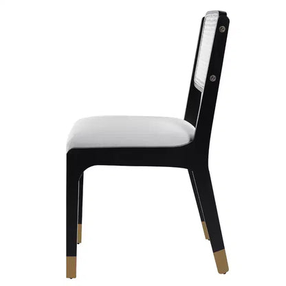 Chaises de salle à manger en lin/PU beige/noir avec dossier en rotin, lot de 2