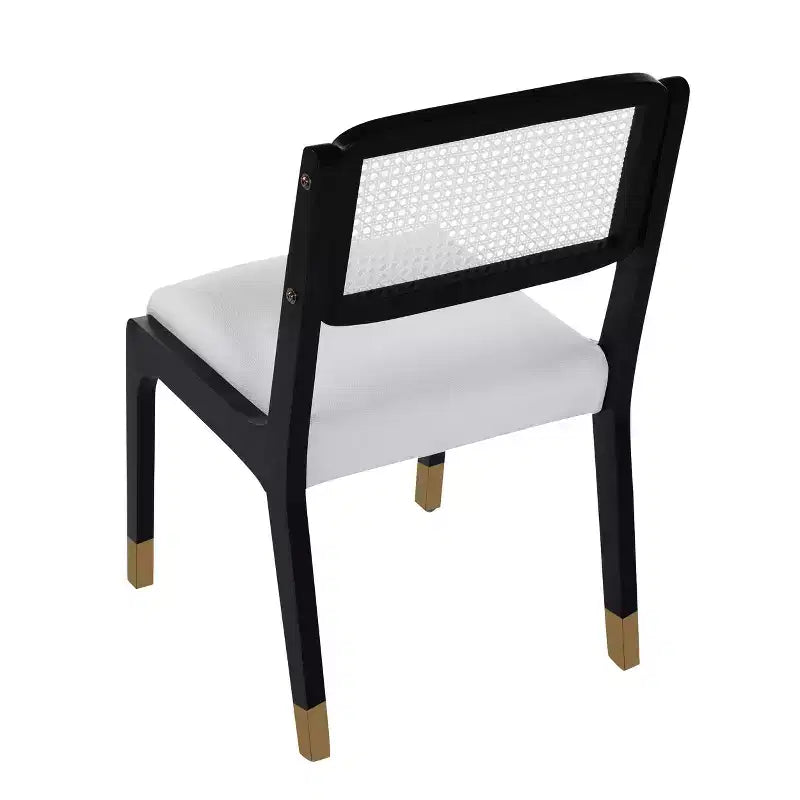 Chaises de salle à manger en lin/PU beige/noir avec dossier en rotin, lot de 2