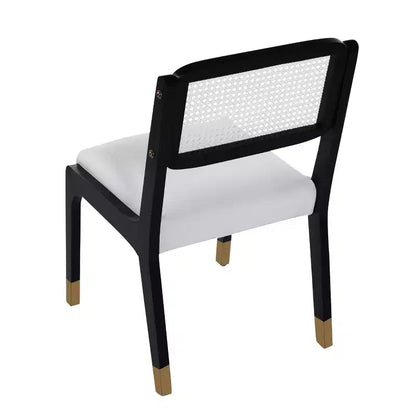 Chaises de salle à manger en lin/PU beige/noir avec dossier en rotin, lot de 2