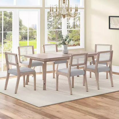 Chaises de salle à manger en lin/PU beige/noir avec dossier en rotin, lot de 2