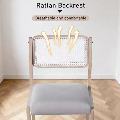 Chaises de salle à manger en lin/PU beige/noir avec dossier en rotin, lot de 2