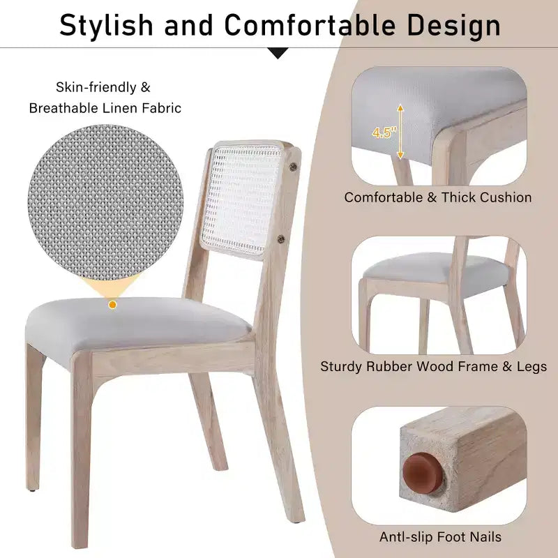 Chaises de salle à manger en lin/PU beige/noir avec dossier en rotin, lot de 2