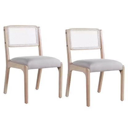 Chaises de salle à manger en lin/PU beige/noir avec dossier en rotin, lot de 2