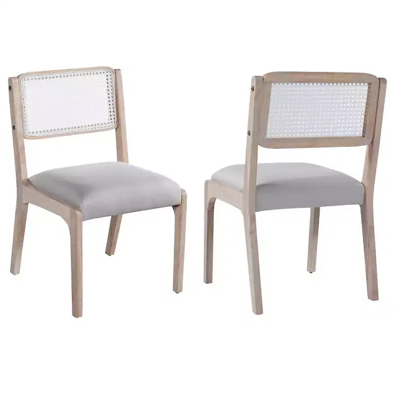 Chaises de salle à manger en lin/PU beige/noir avec dossier en rotin, lot de 2