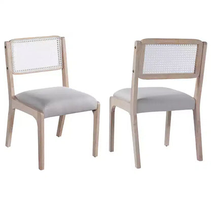 Chaises de salle à manger en lin/PU beige/noir avec dossier en rotin, lot de 2